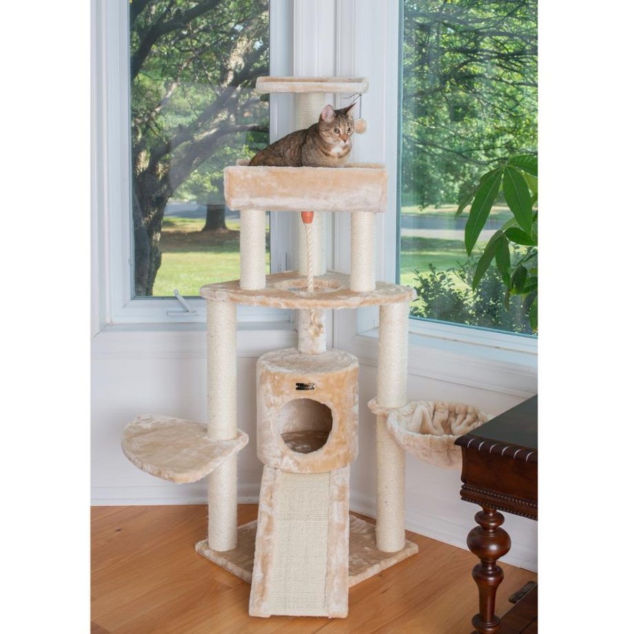 Armarkat Spacious Thick Fur Real Wood Cat Tower With Basket Lounge, Ramp, Beige A5806