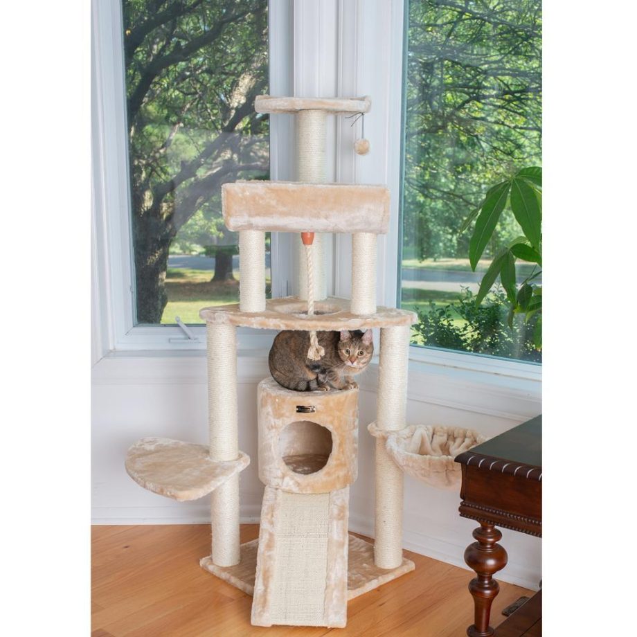 Armarkat Spacious Thick Fur Real Wood Cat Tower With Basket Lounge, Ramp, Beige A5806