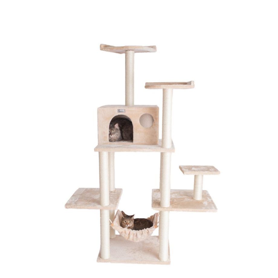 GleePet GP78680621 68-Inch Real Wood Cat Tree In Beige With Five Levels, Hammock, Condo