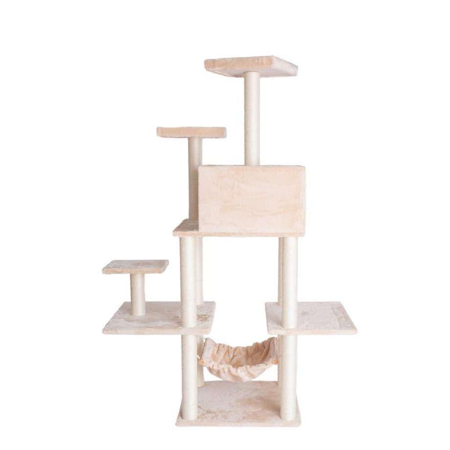 GleePet GP78680621 68-Inch Real Wood Cat Tree In Beige With Five Levels, Hammock, Condo