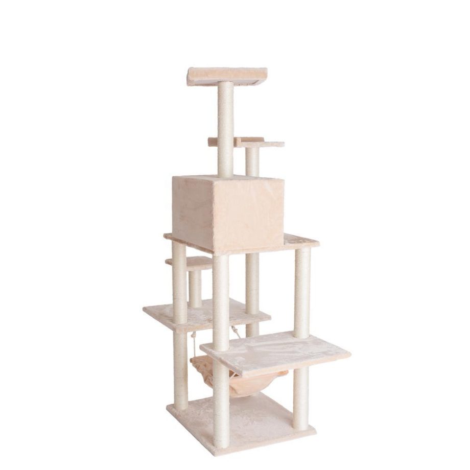 GleePet GP78680621 68-Inch Real Wood Cat Tree In Beige With Five Levels, Hammock, Condo