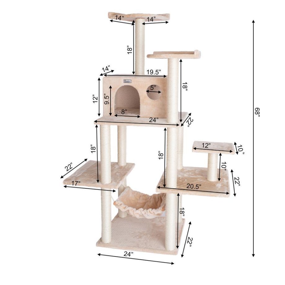 GleePet GP78680621 68-Inch Real Wood Cat Tree In Beige With Five Levels, Hammock, Condo