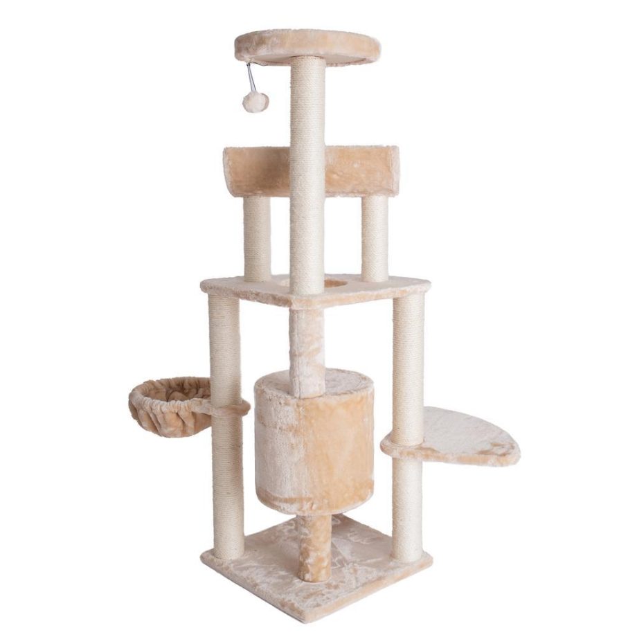 Armarkat Spacious Thick Fur Real Wood Cat Tower With Basket Lounge, Ramp, Beige A5806