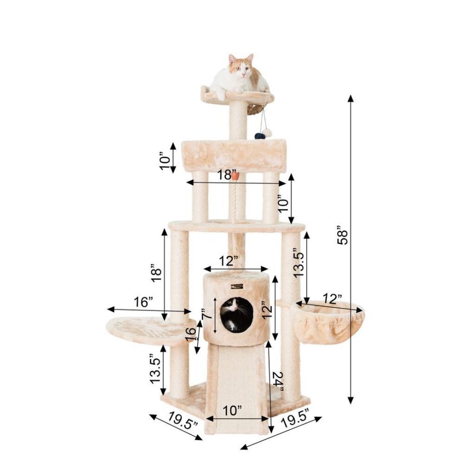 Armarkat Spacious Thick Fur Real Wood Cat Tower With Basket Lounge, Ramp, Beige A5806