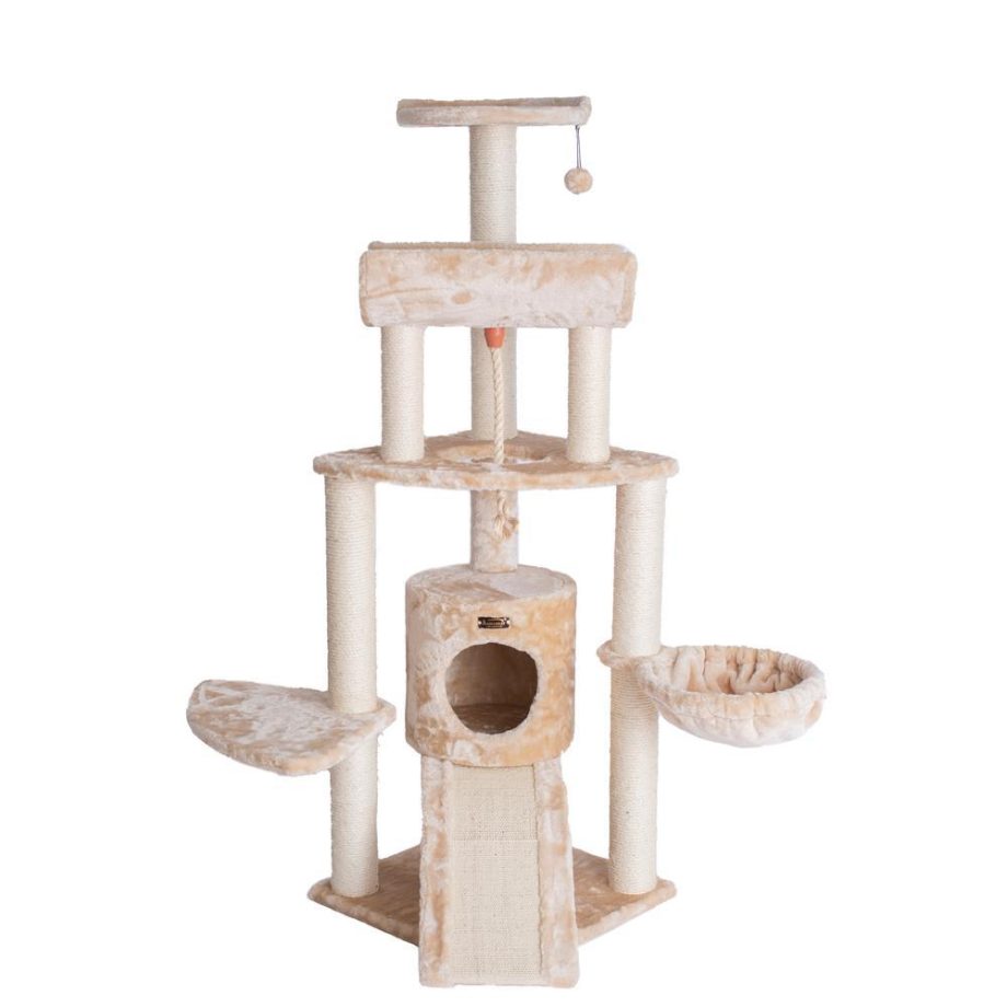 Armarkat Spacious Thick Fur Real Wood Cat Tower With Basket Lounge, Ramp, Beige A5806