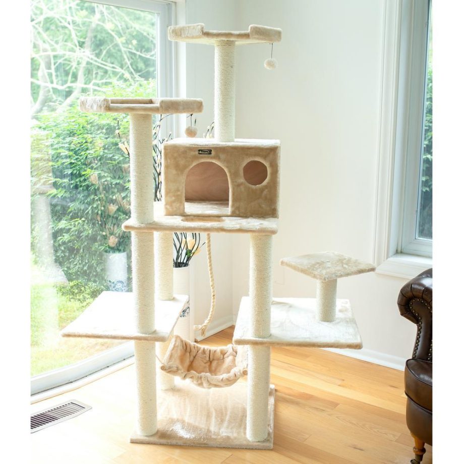 Armarkat 72" Beige Real Wood Cat Tree With Spacious Condo, ScratchIng Post A7202