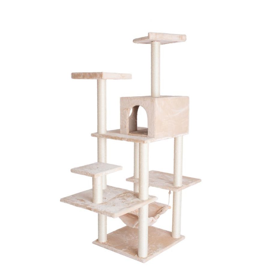 GleePet GP78680621 68-Inch Real Wood Cat Tree In Beige With Five Levels, Hammock, Condo