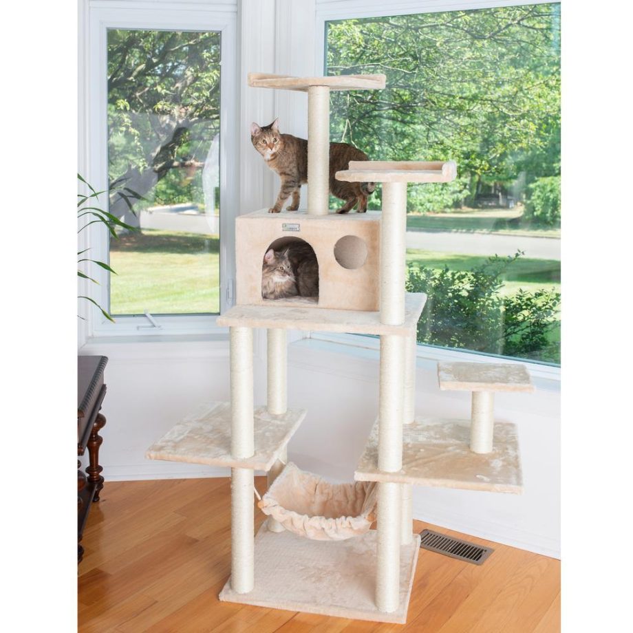 GleePet GP78680621 68-Inch Real Wood Cat Tree In Beige With Five Levels, Hammock, Condo