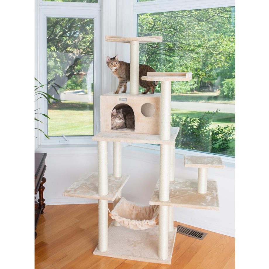 GleePet GP78680621 68-Inch Real Wood Cat Tree In Beige With Five Levels, Hammock, Condo