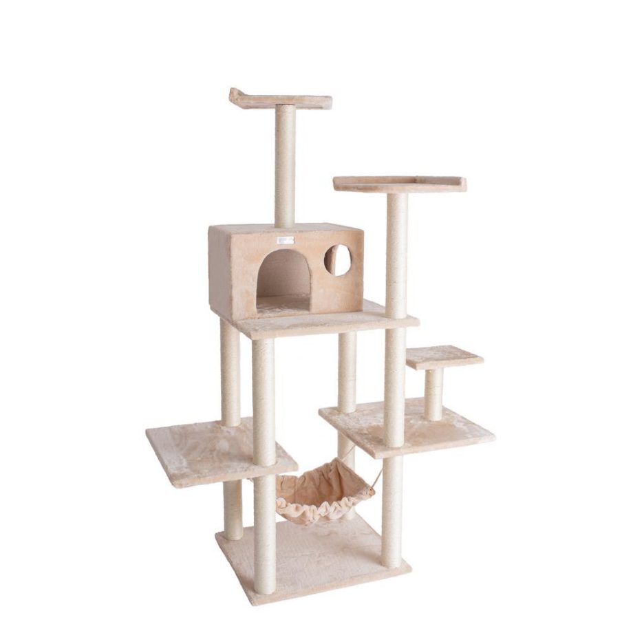 GleePet GP78680621 68-Inch Real Wood Cat Tree In Beige With Five Levels, Hammock, Condo