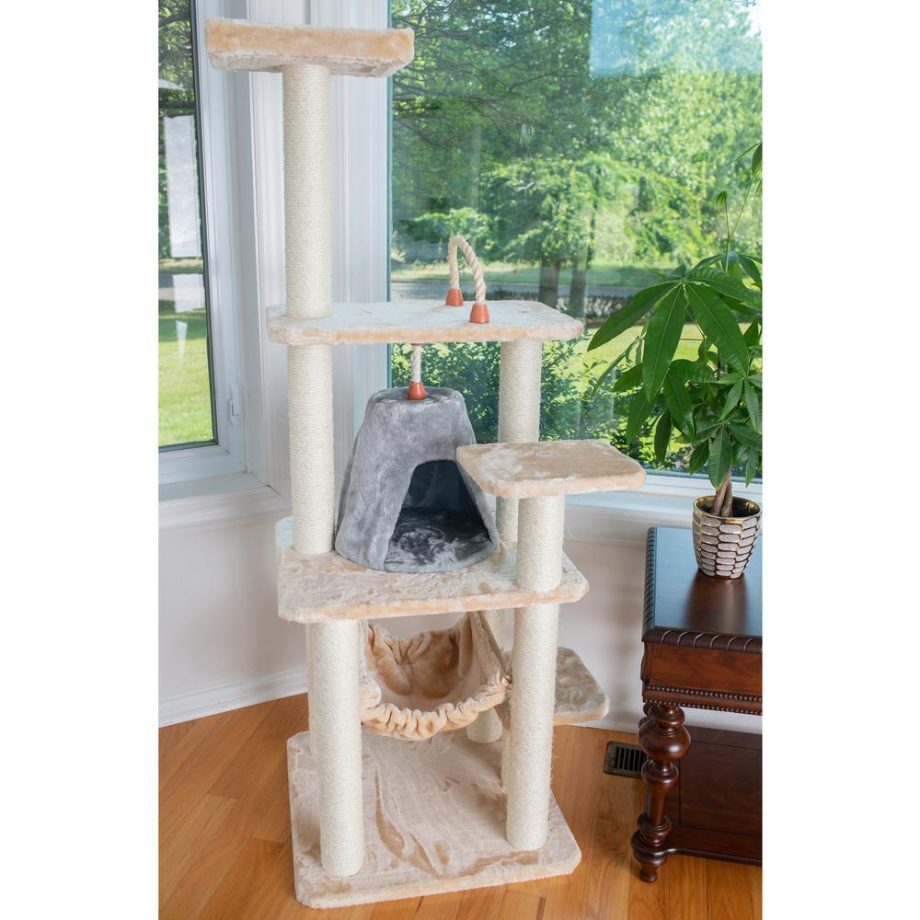 Armarkat 65" Real Wood Cat Tree With Sisal Rope, Hammock, soft-side playhouse A6501