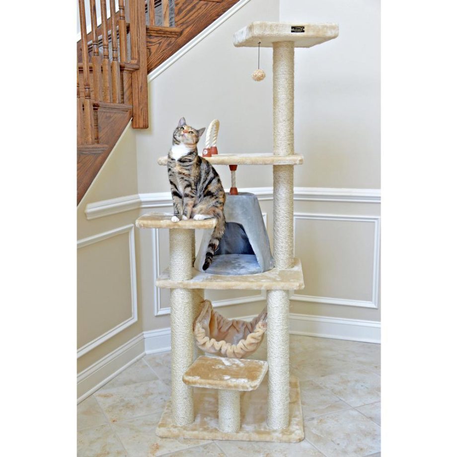 Armarkat 65" Real Wood Cat Tree With Sisal Rope, Hammock, soft-side playhouse A6501