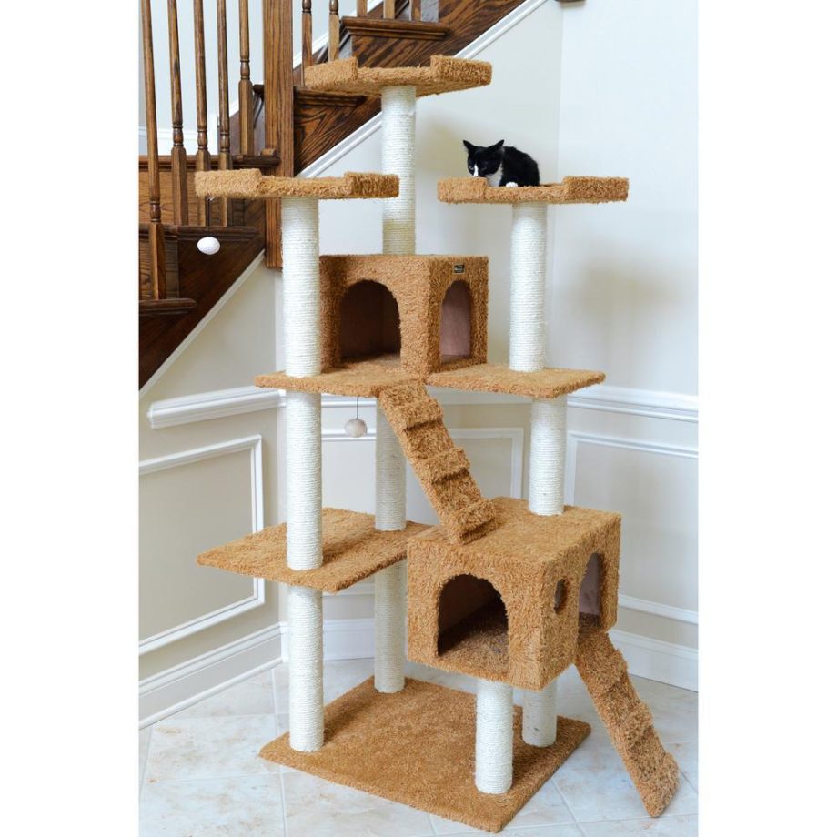 Armarkat 74" Multi-Level Real Wood Cat Tree Large Cat Play Furniture With Scratching Posts, Large Platforms, A7407 Ochre Brown