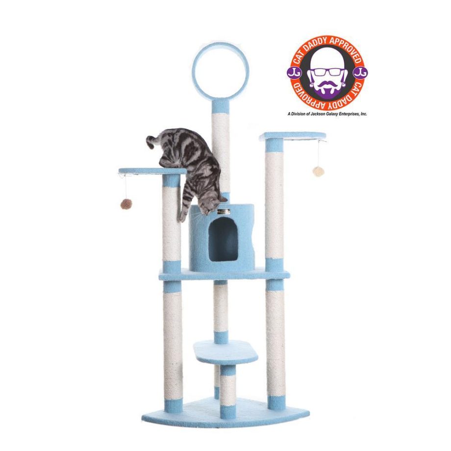 Armarkat B6605 65-Inch Classic Real Wood Cat Tree In Sky Blue, Jackson Galaxy Approved, Five Levels With Perch, Condo, Hanging Tunnel