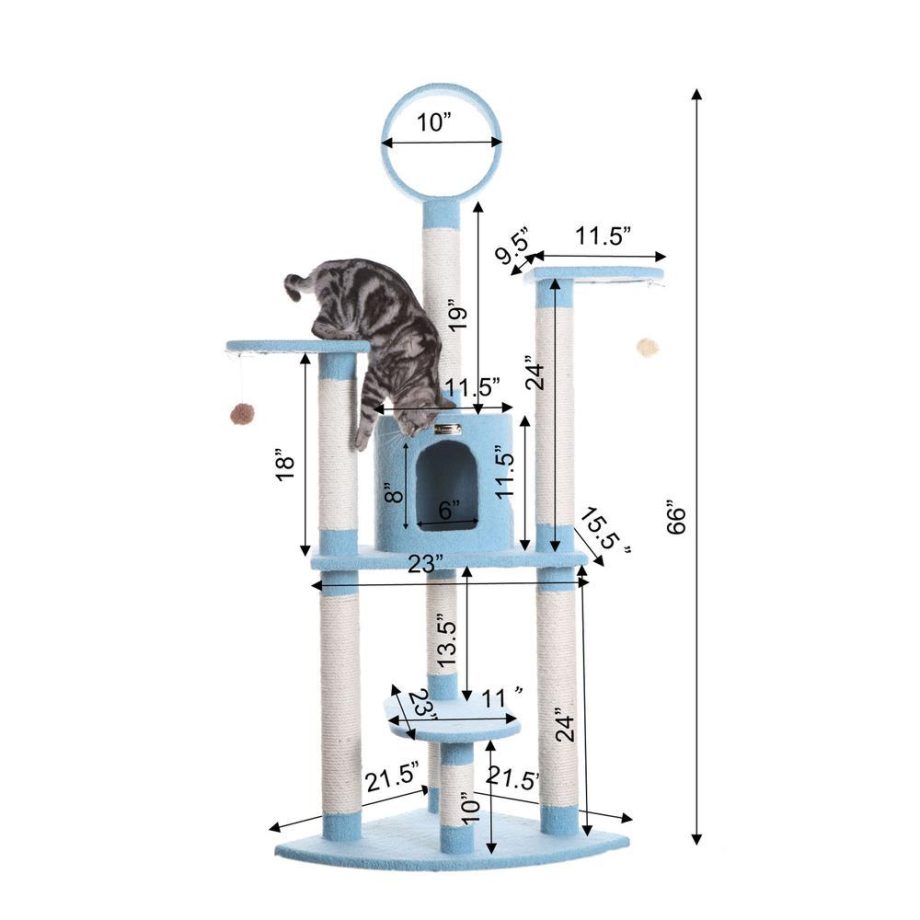 Armarkat B6605 65-Inch Classic Real Wood Cat Tree In Sky Blue, Jackson Galaxy Approved, Five Levels With Perch, Condo, Hanging Tunnel