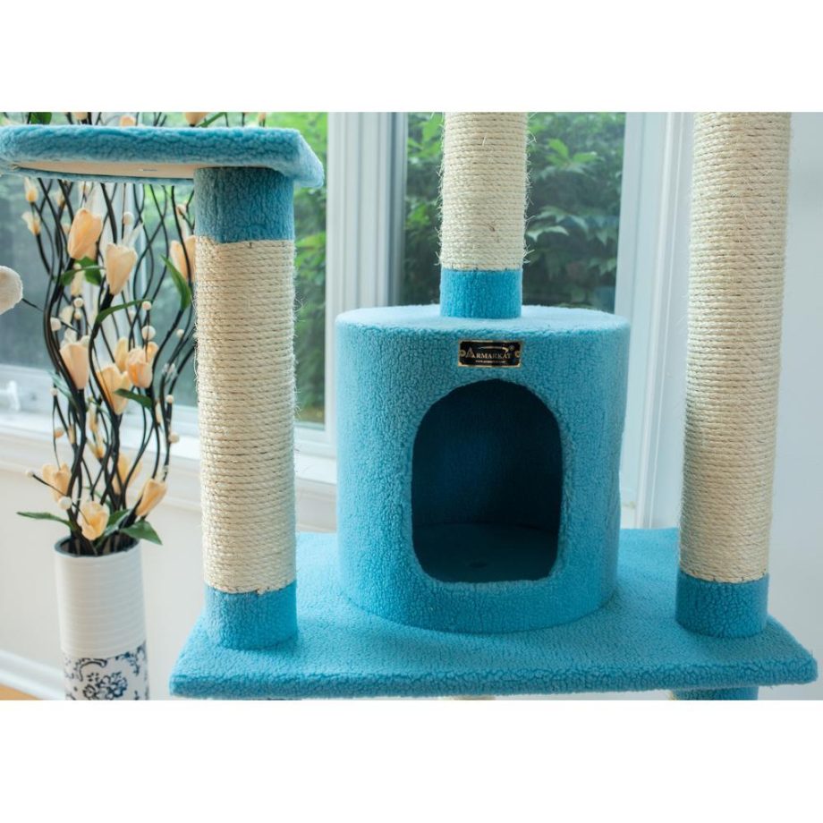 Armarkat B6605 65-Inch Classic Real Wood Cat Tree In Sky Blue, Jackson Galaxy Approved, Five Levels With Perch, Condo, Hanging Tunnel