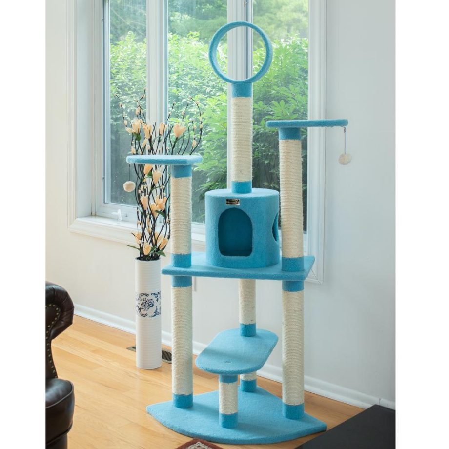 Armarkat B6605 65-Inch Classic Real Wood Cat Tree In Sky Blue, Jackson Galaxy Approved, Five Levels With Perch, Condo, Hanging Tunnel