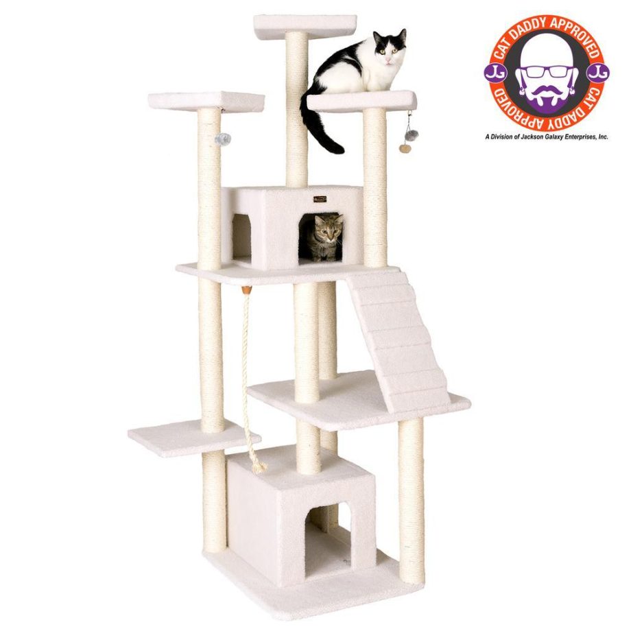 Armarkat B8201 Classic Real Wood Cat Tree In Ivory, Jackson Galaxy Approved, Multi Levels With Ramp, Three Perches, Rope Swing, Two Condos