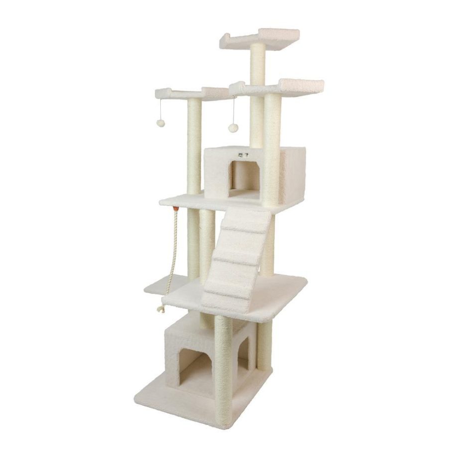 Armarkat B8201 Classic Real Wood Cat Tree In Ivory, Jackson Galaxy Approved, Multi Levels With Ramp, Three Perches, Rope Swing, Two Condos