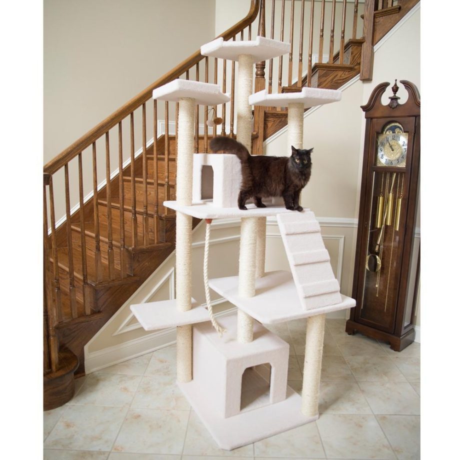 Armarkat B8201 Classic Real Wood Cat Tree In Ivory, Jackson Galaxy Approved, Multi Levels With Ramp, Three Perches, Rope Swing, Two Condos