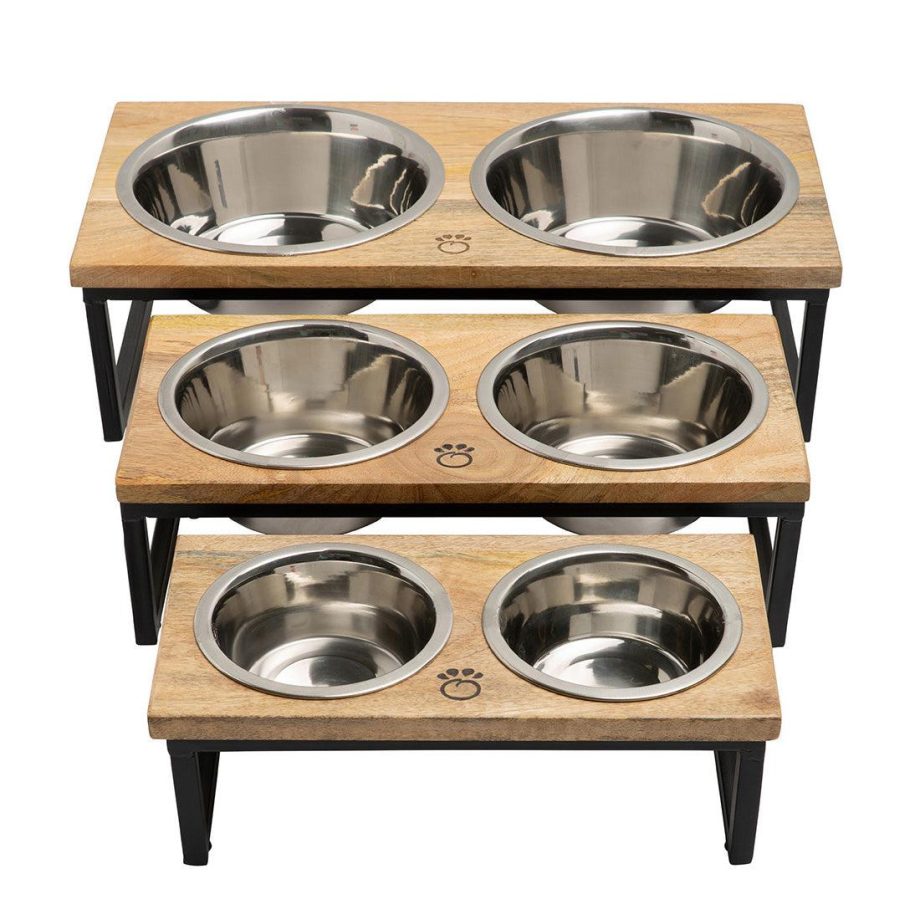 Wood & Metal Elevated Feeder Pet Food Water Bowls