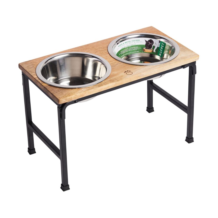 Wood & Metal Elevated Feeder Pet Food Water Bowls