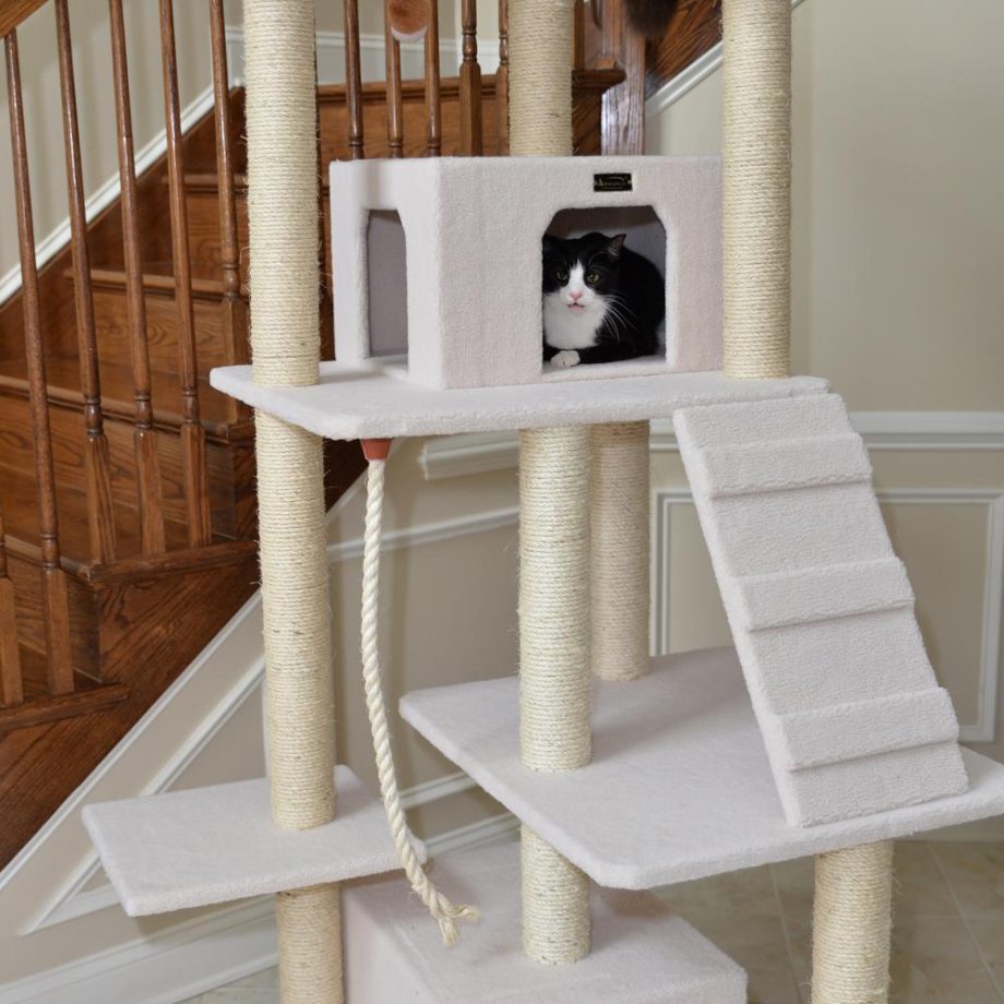 Armarkat B8201 Classic Real Wood Cat Tree In Ivory, Jackson Galaxy Approved, Multi Levels With Ramp, Three Perches, Rope Swing, Two Condos