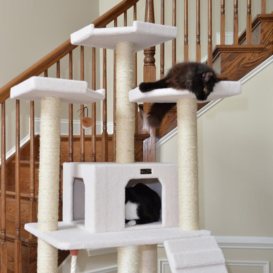 Armarkat B8201 Classic Real Wood Cat Tree In Ivory, Jackson Galaxy Approved, Multi Levels With Ramp, Three Perches, Rope Swing, Two Condos