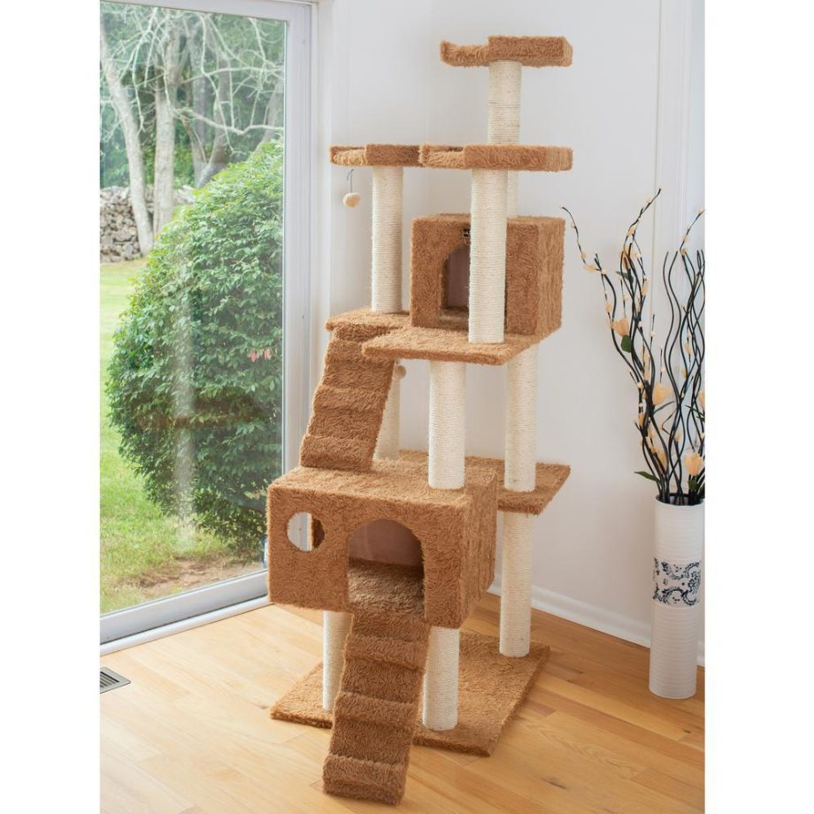 Armarkat 74" Multi-Level Real Wood Cat Tree Large Cat Play Furniture With Scratching Posts, Large Platforms, A7407 Ochre Brown