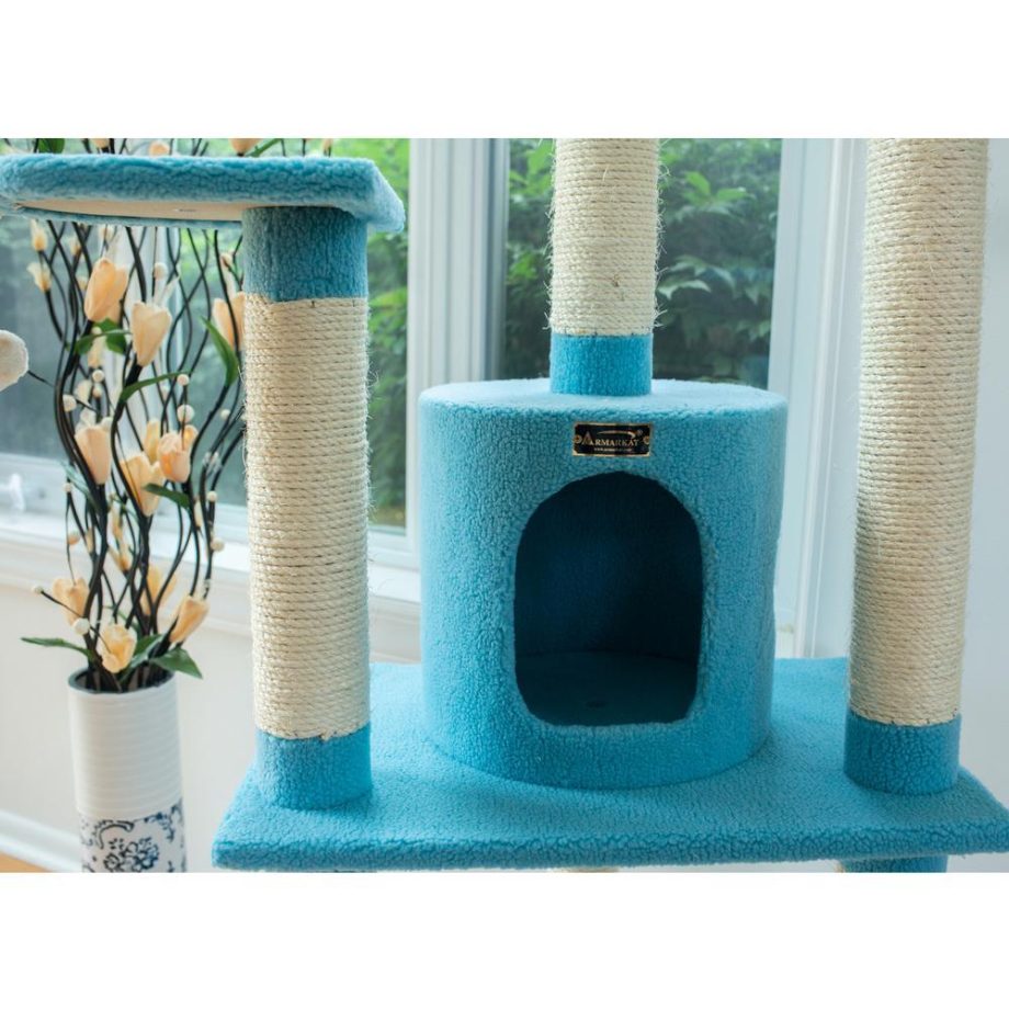 Armarkat B6605 65-Inch Classic Real Wood Cat Tree In Sky Blue, Jackson Galaxy Approved, Five Levels With Perch, Condo, Hanging Tunnel