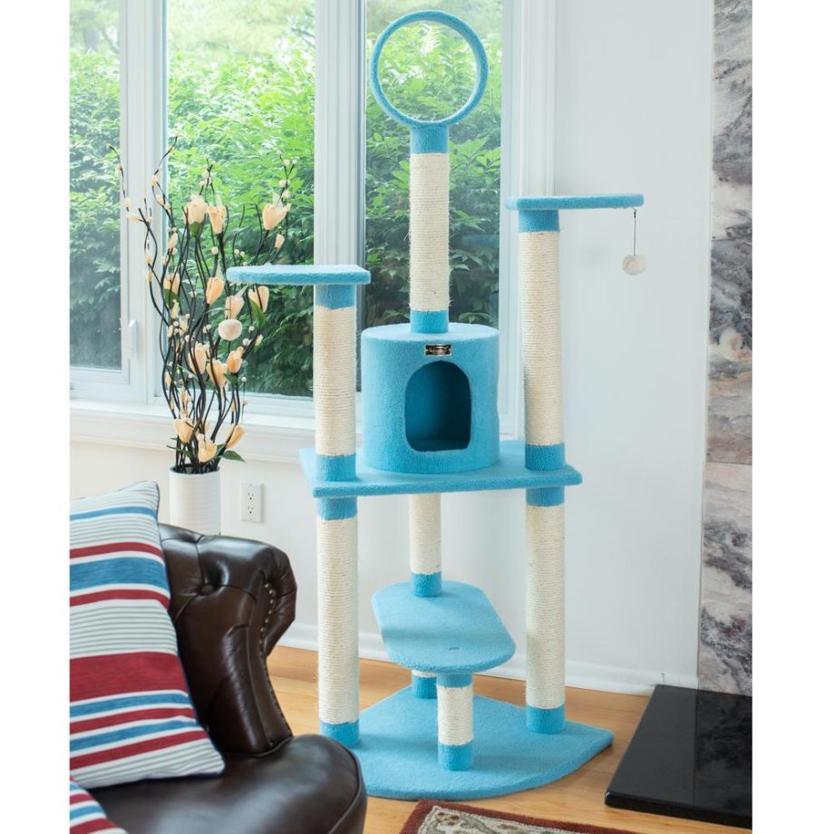 Armarkat B6605 65-Inch Classic Real Wood Cat Tree In Sky Blue, Jackson Galaxy Approved, Five Levels With Perch, Condo, Hanging Tunnel