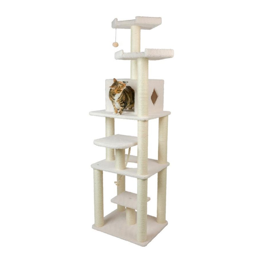 Armarkat B7801 Classic Real Wood Cat Tree In Ivory, Jackson Galaxy Approved, Six Levels With Playhouse and Rope SwIng