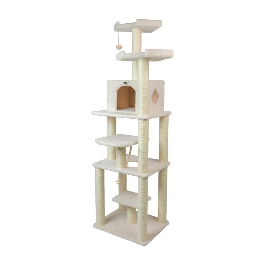 Armarkat B7801 Classic Real Wood Cat Tree In Ivory, Jackson Galaxy Approved, Six Levels With Playhouse and Rope SwIng