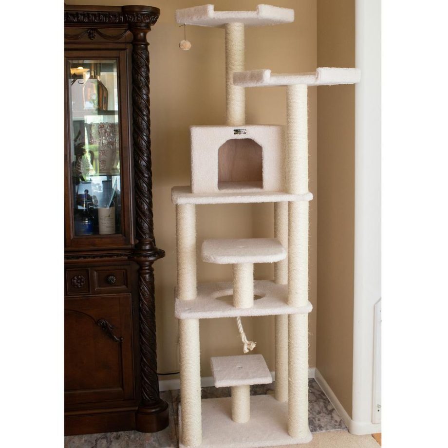 Armarkat B7801 Classic Real Wood Cat Tree In Ivory, Jackson Galaxy Approved, Six Levels With Playhouse and Rope SwIng