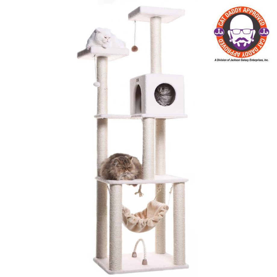 Armarkat B7301 Classic Real Wood Cat Tree In Ivory, Jackson Galaxy Approved, Four Levels With Rope SwIng, Hammock, Condo, and Perch