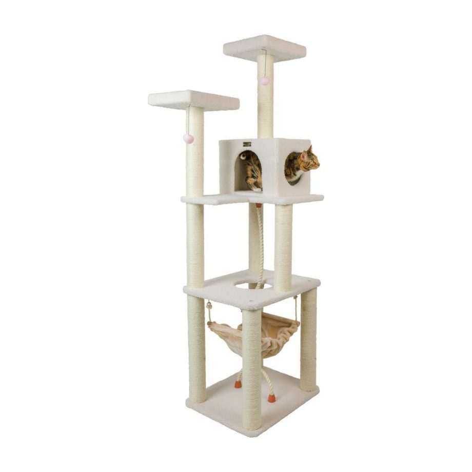 Armarkat B7301 Classic Real Wood Cat Tree In Ivory, Jackson Galaxy Approved, Four Levels With Rope SwIng, Hammock, Condo, and Perch