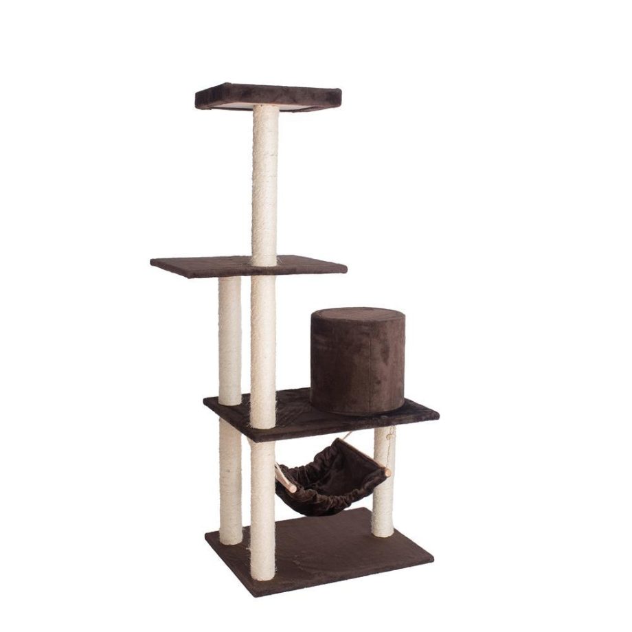 GleePet GP78590223 59-Inch Real Wood Cat Tree In Coffee Brown With Condo And Hammock