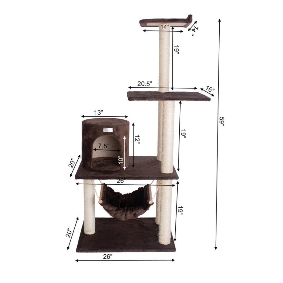 GleePet GP78590223 59-Inch Real Wood Cat Tree In Coffee Brown With Condo And Hammock