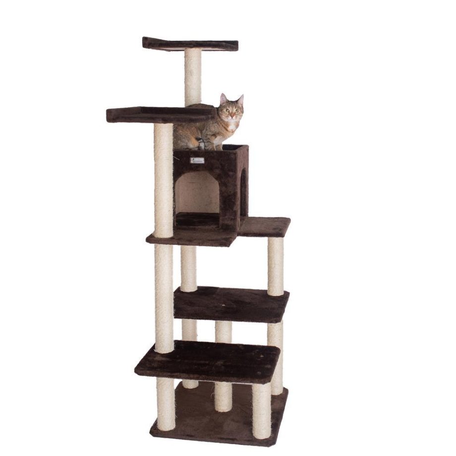 GleePet GP78680723 66-Inch Real Wood Cat Tree In Coffee Brown With Four Levels, Two Perches, Condo