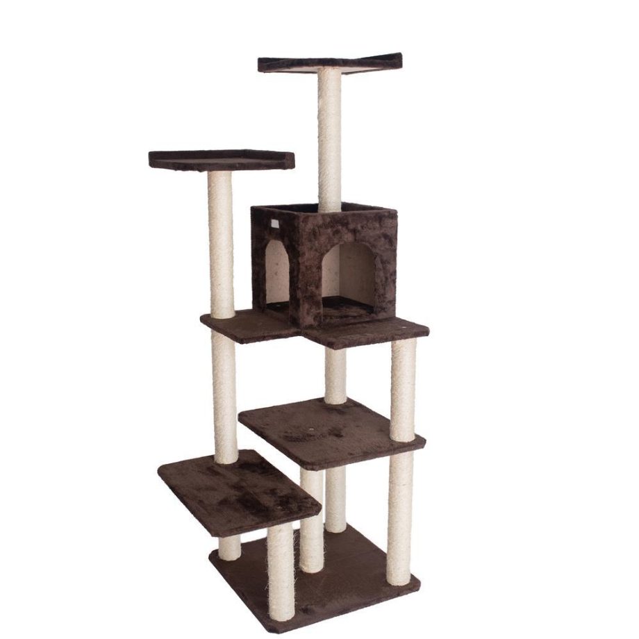 GleePet GP78680723 66-Inch Real Wood Cat Tree In Coffee Brown With Four Levels, Two Perches, Condo