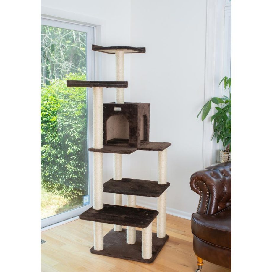 GleePet GP78680723 66-Inch Real Wood Cat Tree In Coffee Brown With Four Levels, Two Perches, Condo