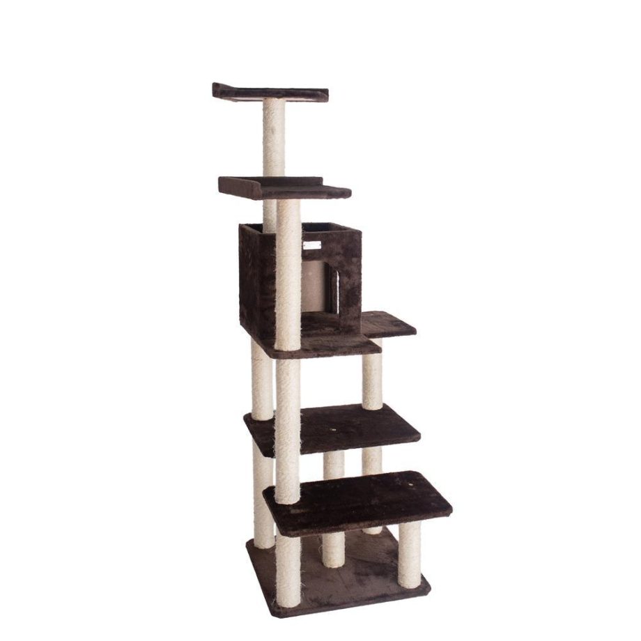 GleePet GP78680723 66-Inch Real Wood Cat Tree In Coffee Brown With Four Levels, Two Perches, Condo