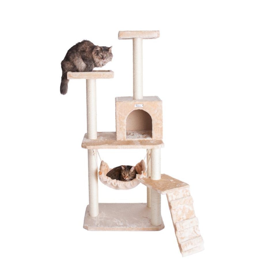 GleePet GP78570921 57-Inch Real Wood Cat Tree In Beige With Perches, RunnIng Ramp, Condo And Hammock