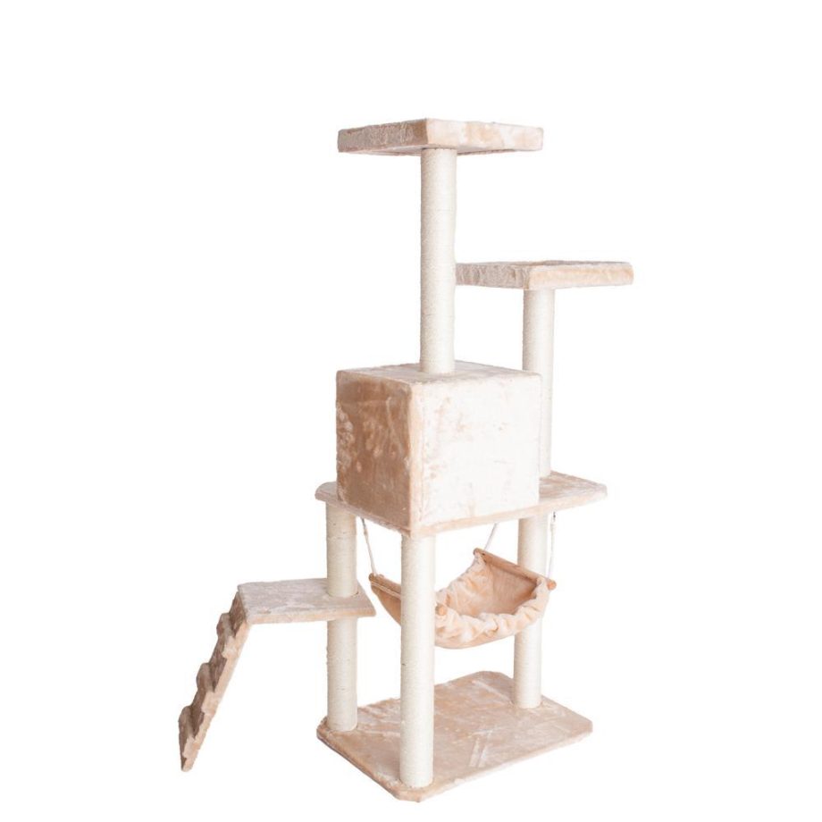 GleePet GP78570921 57-Inch Real Wood Cat Tree In Beige With Perches, RunnIng Ramp, Condo And Hammock