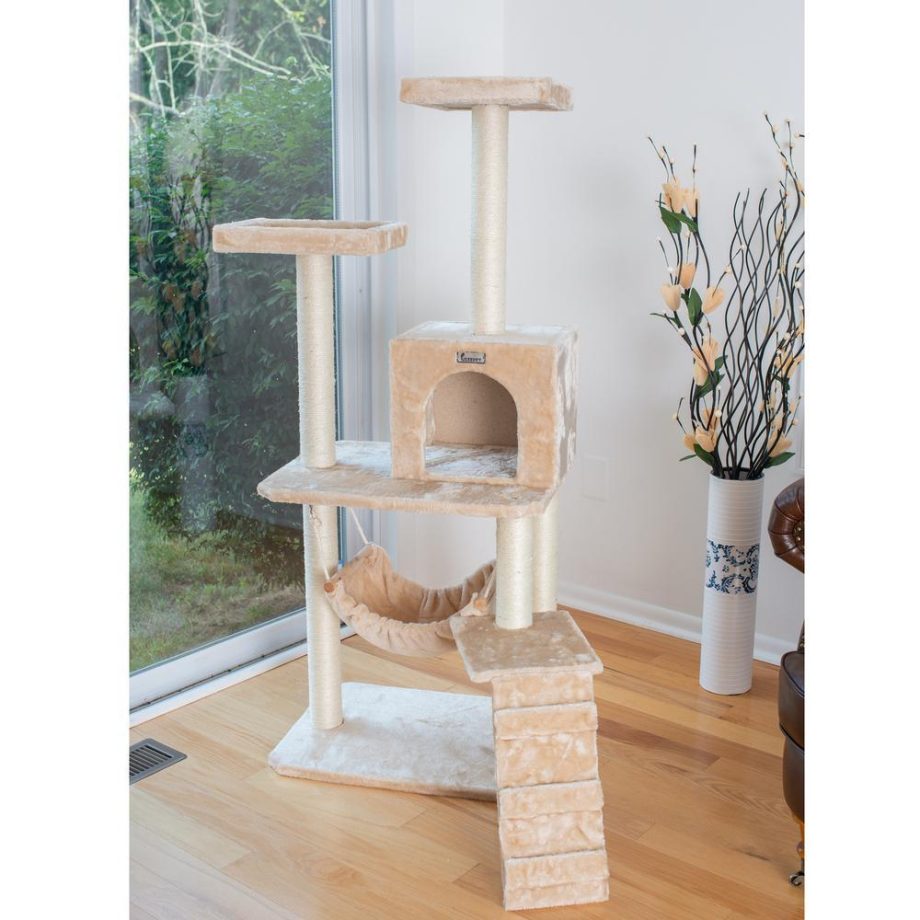 GleePet GP78570921 57-Inch Real Wood Cat Tree In Beige With Perches, RunnIng Ramp, Condo And Hammock