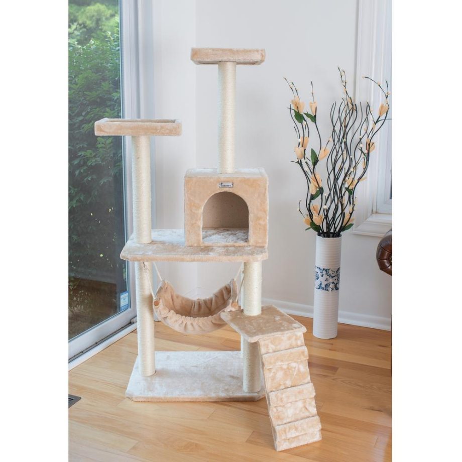 GleePet GP78570921 57-Inch Real Wood Cat Tree In Beige With Perches, RunnIng Ramp, Condo And Hammock