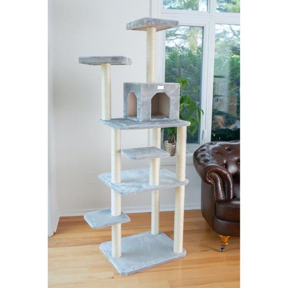 GleePet GP78740822 74-Inch Real Wood Cat Tree With Seven Levels, Silver Gray