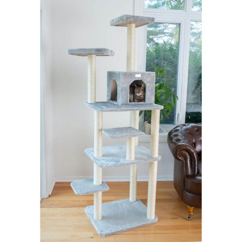 GleePet GP78740822 74-Inch Real Wood Cat Tree With Seven Levels, Silver Gray