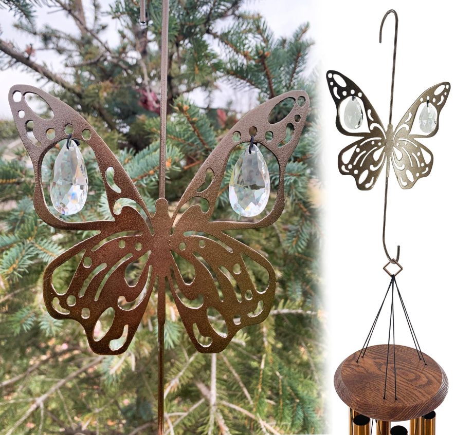 Butterfly Hanging Hook for Wind Chimes, Bird Feeders, Plants, Memorial Garden - Copper Butterfly with Crystal Prisms by Weathered Raindrop