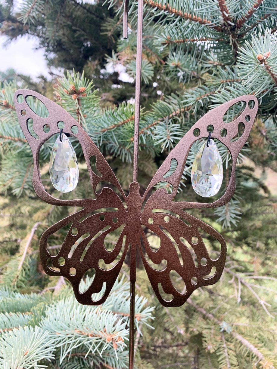 Butterfly Hanging Hook for Wind Chimes, Bird Feeders, Plants, Memorial Garden - Copper Butterfly with Crystal Prisms by Weathered Raindrop